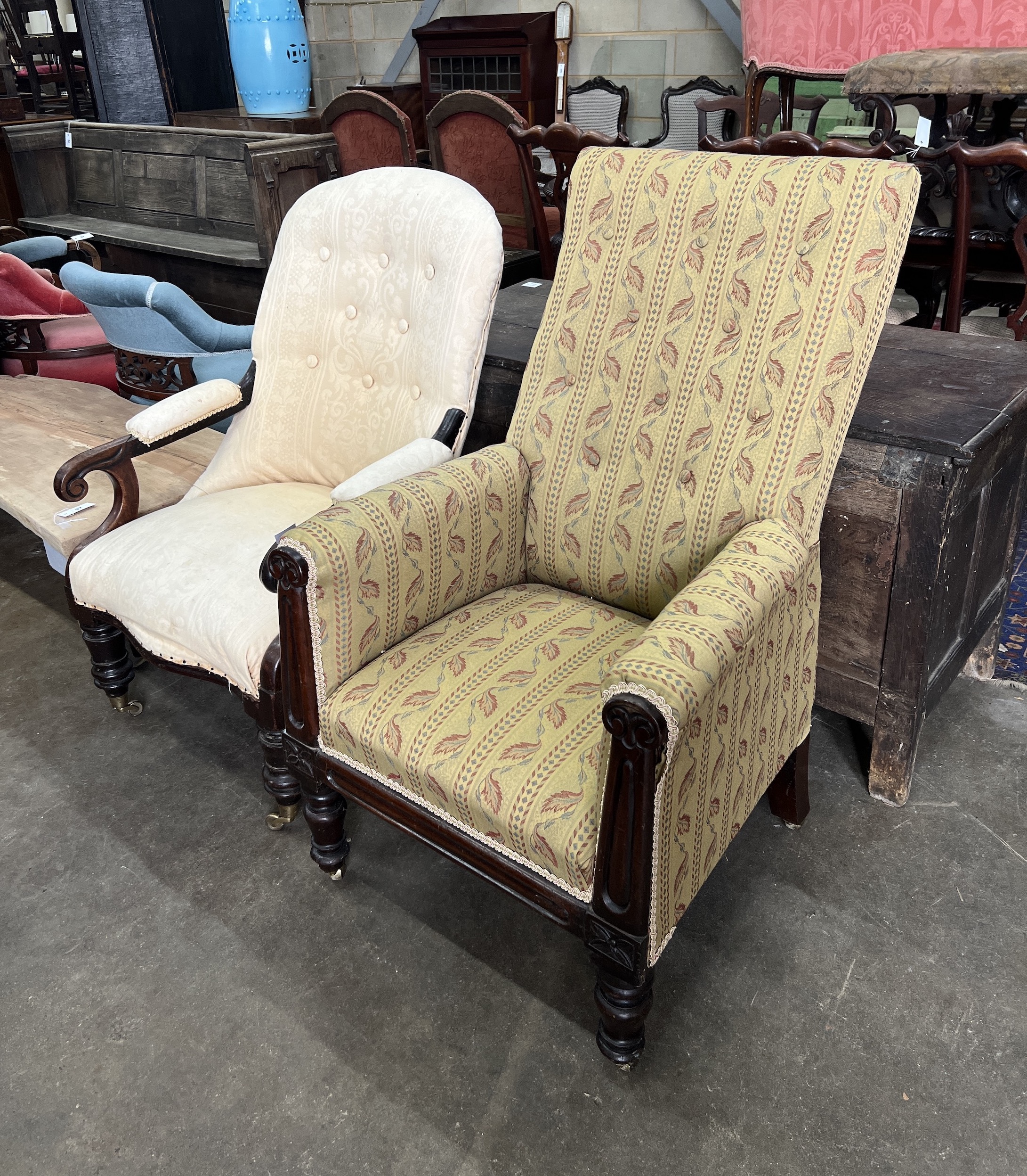 An early Victorian mahogany armchair and a later spoonback open armchair, larger width 66cm, depth 56cm, height 105cm